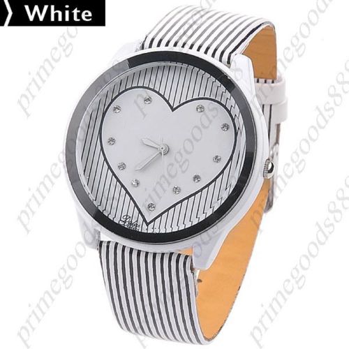 Heart Face Pinstripes Rhinestones Quartz Wrist Wristwatch Women&#039;s White