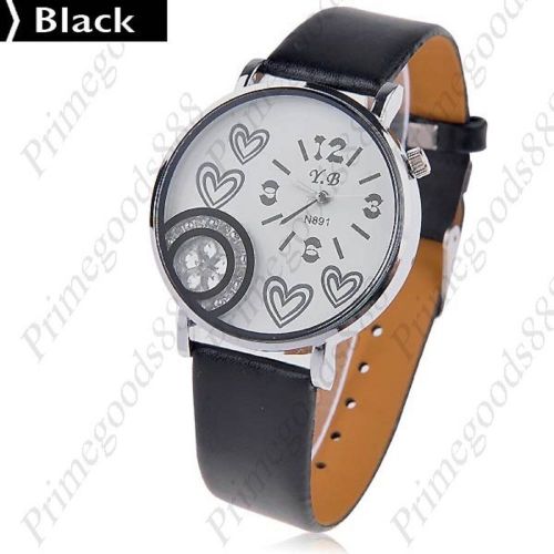 Hearts Flower Rhinestone Synthetic Leather Quartz Wrist Wristwatch Women&#039;s Black