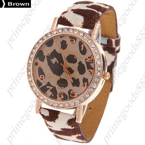 Leopard Round PU Leather Lady Ladies Wrist Quartz Wristwatch Women&#039;s Brown