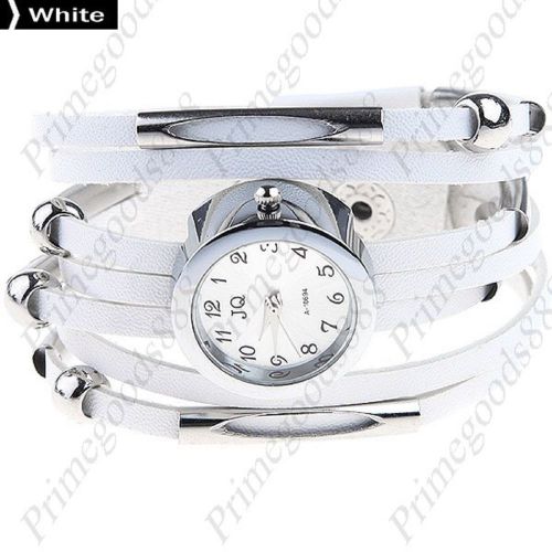 Round Spike Stud PU Leather Lady Ladies Wrist Quartz Wristwatch Women&#039;s White