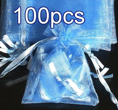 100Pcs Solid Light Blue Drawstring Organza Flare Wedding Gift Pouch Bag 2.7x3.5&#034;