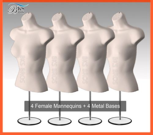 4 FLESH Female Mannequin Torso w/Metal Stand + Hanging Hook Dress Form Women NEW