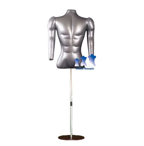 Inflatable male torso with arms silver and aluminum adjustable stand, brown base for sale