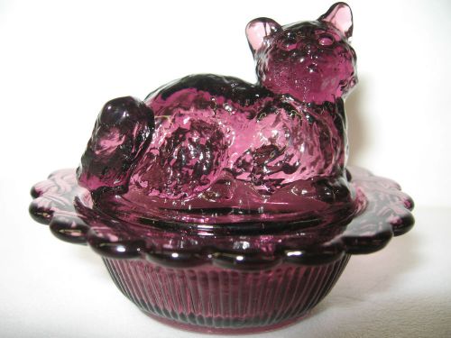 Amethyst glass salt cellar celt dip cat kitten on nest basket dish purple black