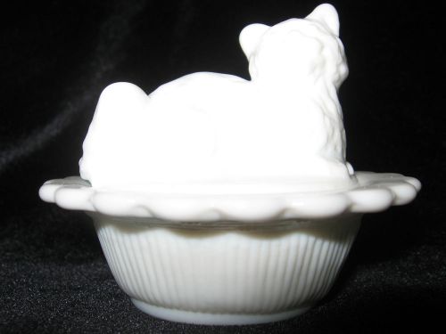 white milk glass salt cellar celt dip cat kitten on nest basket dish kitty candy