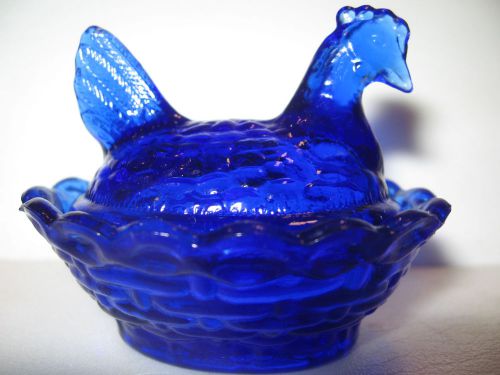 Cobalt blue glass salt cellar celt hen chicken on nest basket dish chick dip art