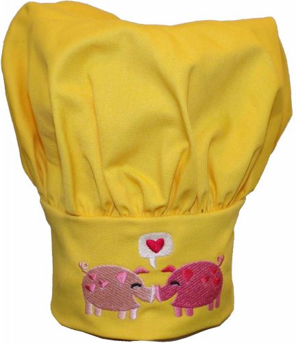 Yellow Pigs &amp; Hearts Adult Size Chef Hat Pink Piggy Pigs Pig Pair Embroidered
