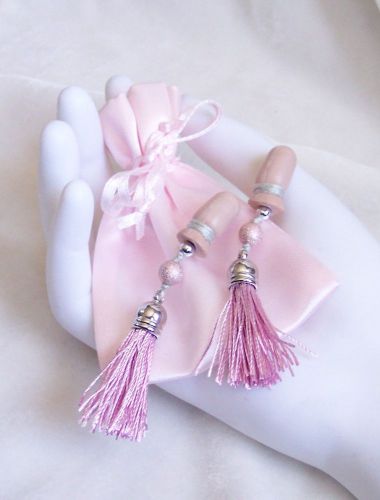 Silky Mauve Pink &amp; Silver Tassels Beads Sound Reduction Ear Plugs and Satin Bag