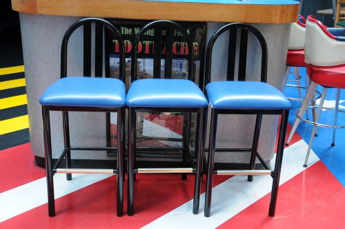 Bar Stools, Black Metal with Blue Vinyl Seats - Used