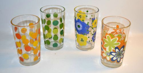 Set of 4 Vintage Retro Drinking Glasses Dot Flowers Tick Glass 12 oz