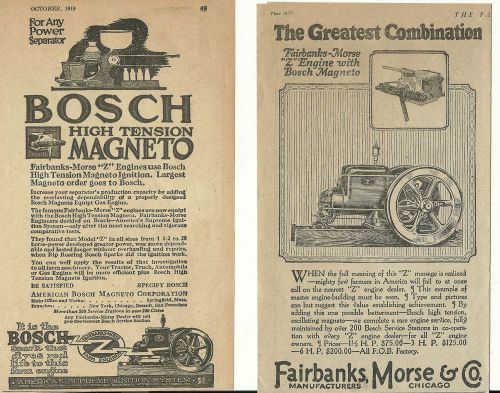 Two 1919 Fairbanks Morse &amp; Co. Chicago &#034;Z&#034; Engine With Bosch Magneto  ads