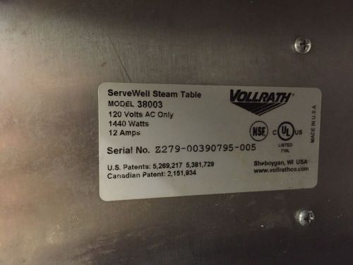 Servewell steam table vollrath model 38003 for sale