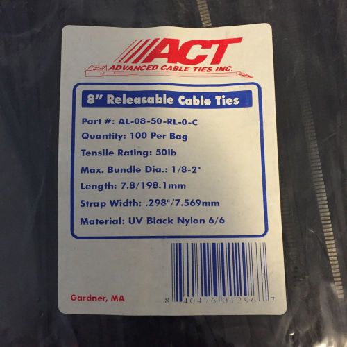 ACT 8IN 50LBS Releasable Cable Zip Ties, 100 Pack Black AL-08-50-RL-0-C