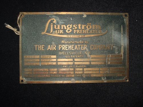 Vintage Ljungstrom Air Preheater Brass Equipment Plaque The Air Preheater Compan
