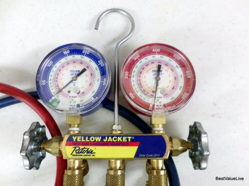 Yellow jacket  manifold with 60&#034; plus ii ball valve hoses for r-22/404a/410a for sale