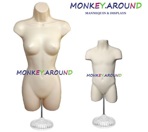 2 mannequin flesh female child torso form +2 hanger +2 stand-display shirt dress for sale