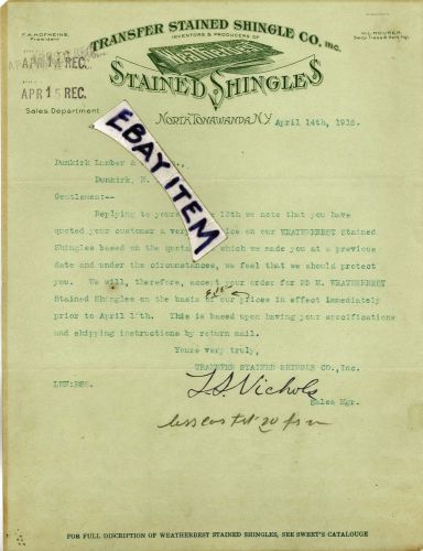 1916 letter Stained Shingles NORTH TONAWANDA New York LS NICHOLS HOFHEINS MOURER