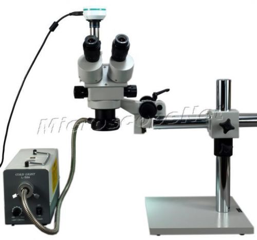 3.5x-90x zoom boom stand stereo microscope+2mp camera+150w cold ring fiber light for sale