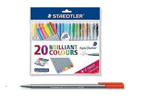 STAEDTLER Triplus Fineliner 0.3mm SET 20 Brilliant Colour Pens Free 6 Neon.