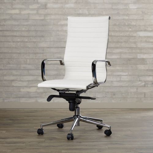 Office Desk White PU Leather Ribbed Tall Executive Chair High Back Contemporary