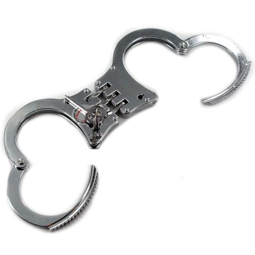 DOUBLE LOCK HINGED POLICE HAND CUFFS W/ 2 KEYS - NICKLE PLATED- Free Holster