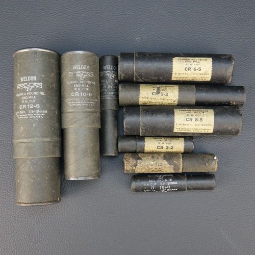 Lot of 8 weldon end mills cr 12-6, 10-6, 20-4, 16-3,  2-2, 8-5, 5-3, 6-5 for sale