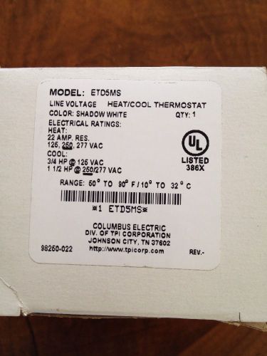 Etd5ms tpi columbus electric heat cool wall thermostat heat 22amp  cool 3/4hp for sale