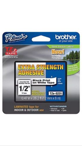 Genuine Brother TZeS231 -  12mm 1/2&#034; BLACK on WHITE P-Touch - EXTRA ADHESIVE