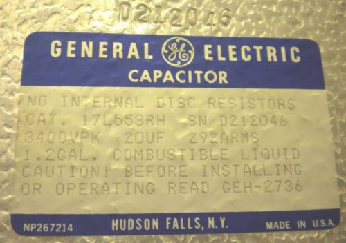 GENERAL ELECTRIC DC FILTER CAPACITOR, 17L558RH, 3400 VPK, 1.2 GAL
