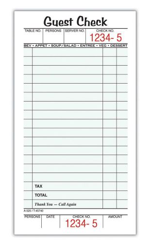 Adams Guest Check Pads Single Part Perforated White 3-2/5&#034; x 6-1/4&#034; 50 Sheets...