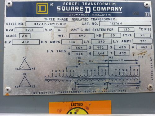 112.5 kva square d transformer for sale