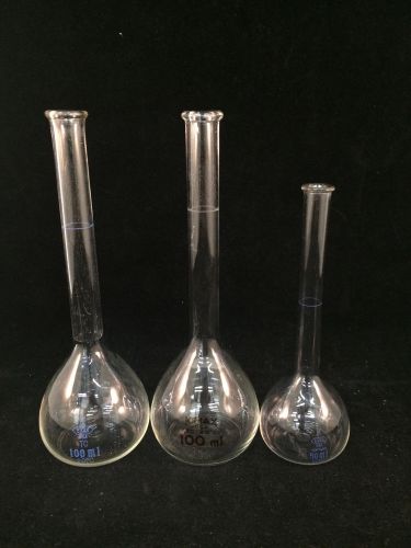 Lot of 3 Kimax Volumetric Glass Flasks - (2) 100mL 6-3/4&#034; &amp; 50mL 5-1/2&#034;