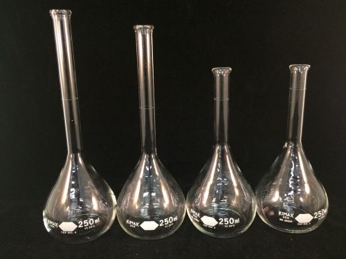 Lot of 4 Kimax 250mL Volumetric Glass Flasks - 8-3/4&#034;, 9-1/2&#034; &amp; (2) 7&#034;