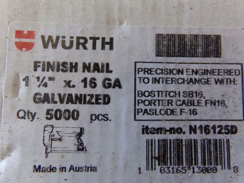 Wurth N16125D 16 GA Galvanized Finishing Nails, 1 1/4&#034; Long QTY: 5,000 - NEW