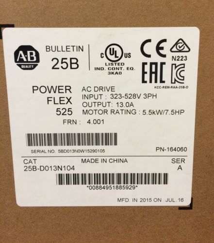 AB Powerflex 525  7.5 HP 323 - 528 Volts  -  25B-D013N104