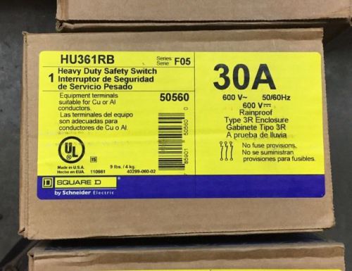 SQUARE D HU361RB 3 POLE 600 VOLT 30 AMP NEMA 3 NON-FUSED DISCONNECT NEW