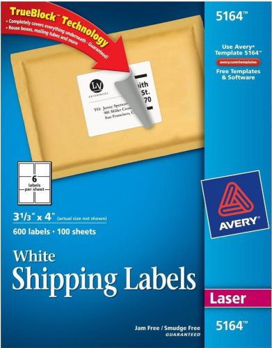 5164 AVERY Laser Shipping Labels, 3-1/3 x 4&#034;, White, 600 Labels, New True Block