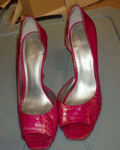 Jessica Simpson Pink Gold Shimmer Leather Cork Peep Toe Heels Pumps 9.5 platform