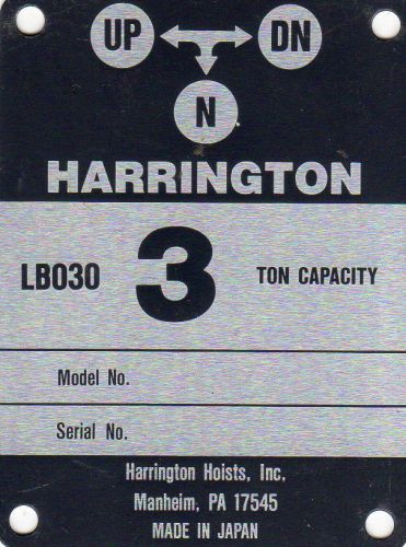 Harrington lever hoist capacity decal 3 ton part # l5bu0309800 for sale