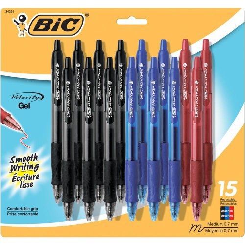 BIC Velocity Gel Retractable Pen, 0.7mm, Assorted Ink, 15 Count (RLCP151-Ast)
