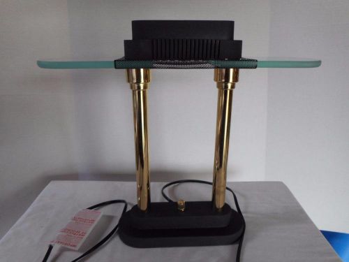 Ledu L9074 Halogen Desk Lamp, Glass Shade, 16-1/2&#034;H, Black/Brass Poles, NEW