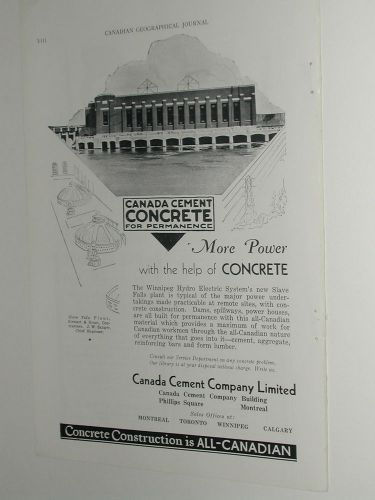 1932 Canada Cement Co. ad, Winnipeg Hydro Slave Falls