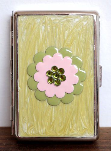 Elegant metal steel green flower enamel business card holder case box 4x2.5&#034;x3/4 for sale