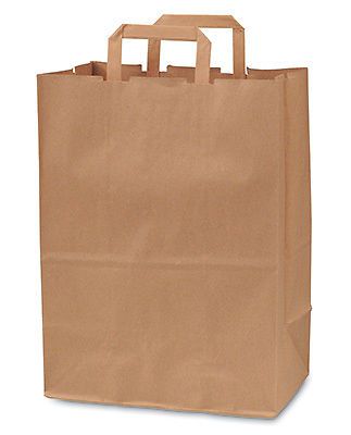 12&#034; x 7&#034; x 12&#034; 63 lb. Paper Grocery Bag with Flat Handles - Kraft (250 Bags)