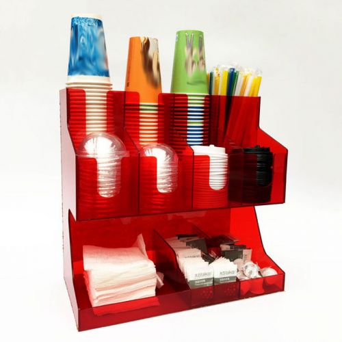 Red Coffee Condiment Cup Lid Dispenser Organizer Holder Rack Acrylic