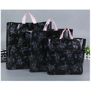 [EL] Black Flower Plastic Shopping Bag With Handle Boutique Clothes Packaging