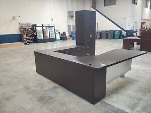 Executive Desk Set Dark Walnut Finish with Cabinets