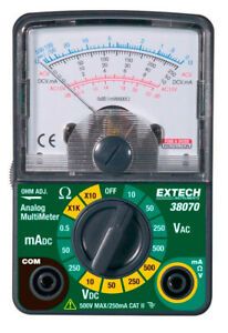 extech full size test leads, compact, color coded, analog scale multimeter