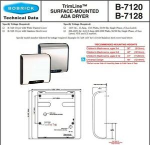 Bobrick Hand Dryer Trimline Quiet Dry Surface Mounted 120V  B7128