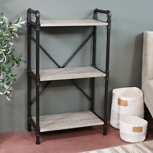 Sunnydaze 3-Tier Black Pipe Bookshelf - Wood Veneer Shelves - Oak Gray